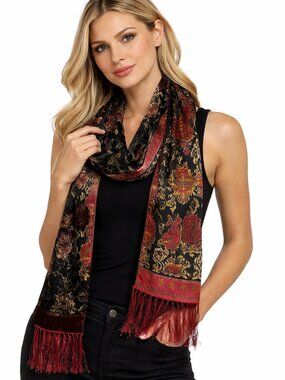 Luxury J&X NY Red & Black Silk Velvet Burnout Scarf - One Size - NWT